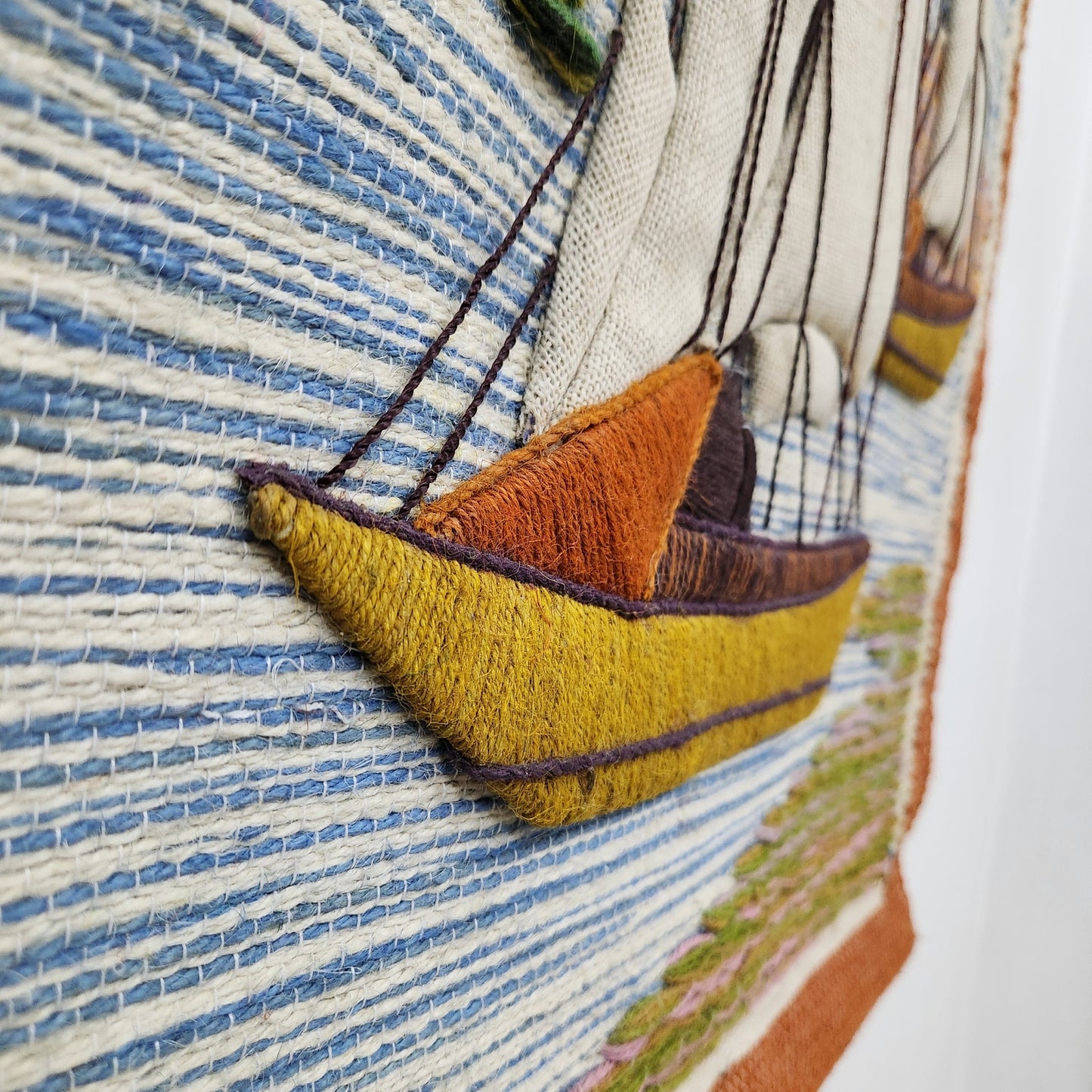 Jute & Wool Wall Hanging HandMade Indian Tapestry 3D Scenery Tree Boats & Nature
