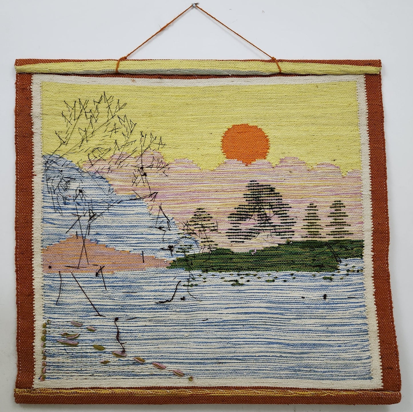 Jute & Wool Wall Hanging HandMade Indian Tapestry 3D Scenery Tree Boats & Nature