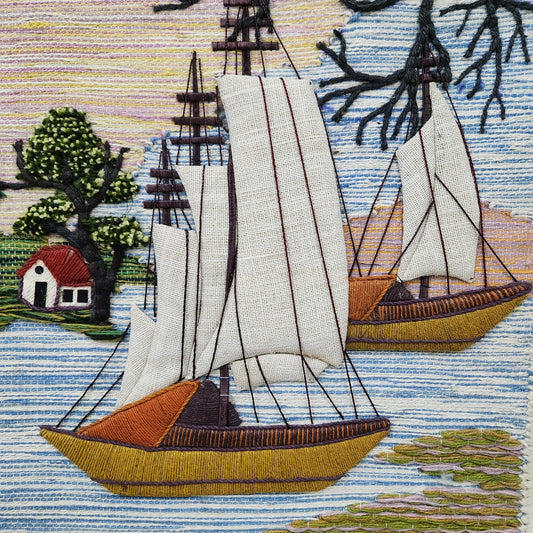 Jute & Wool Wall Hanging HandMade Indian Tapestry 3D Scenery Tree Boats & Nature