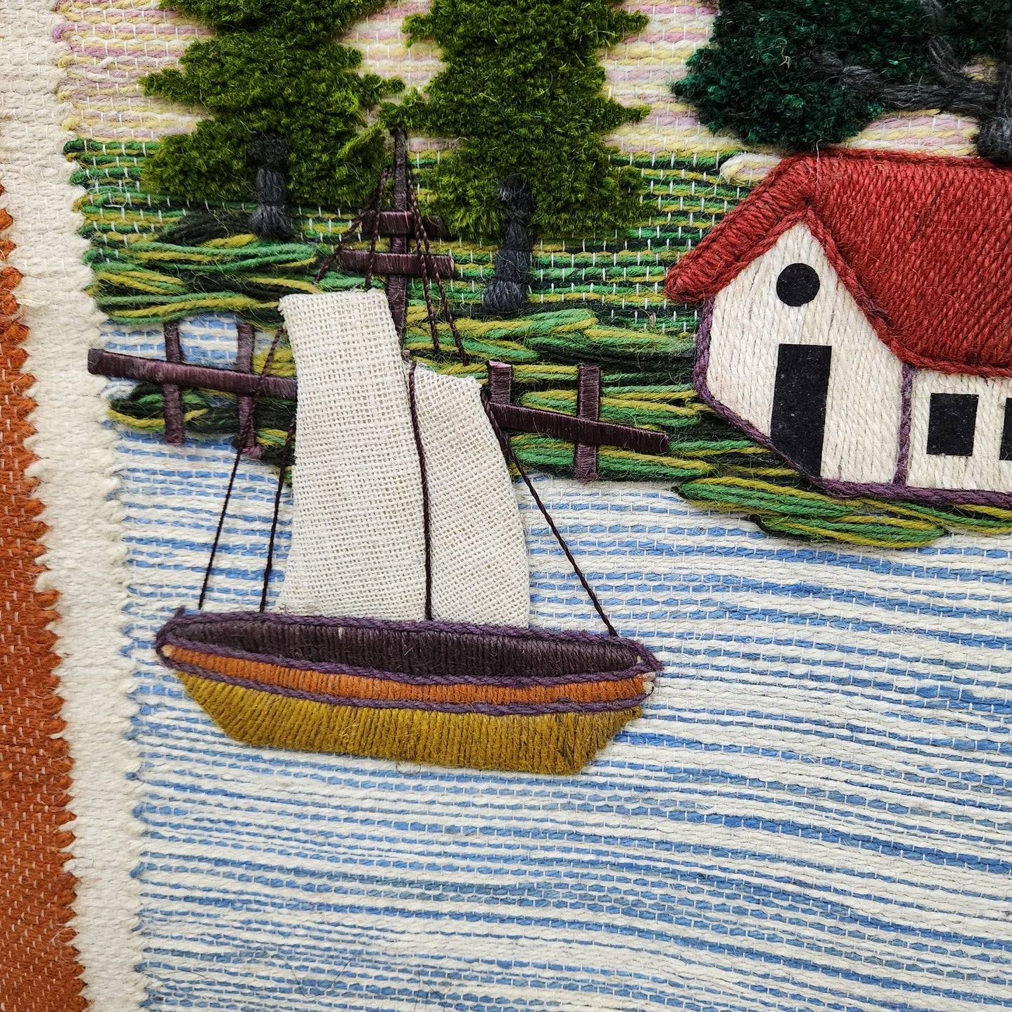 Jute & Wool Wall Hanging HandMade Indian Tapestry 3D Scenery Tree Boats & Nature