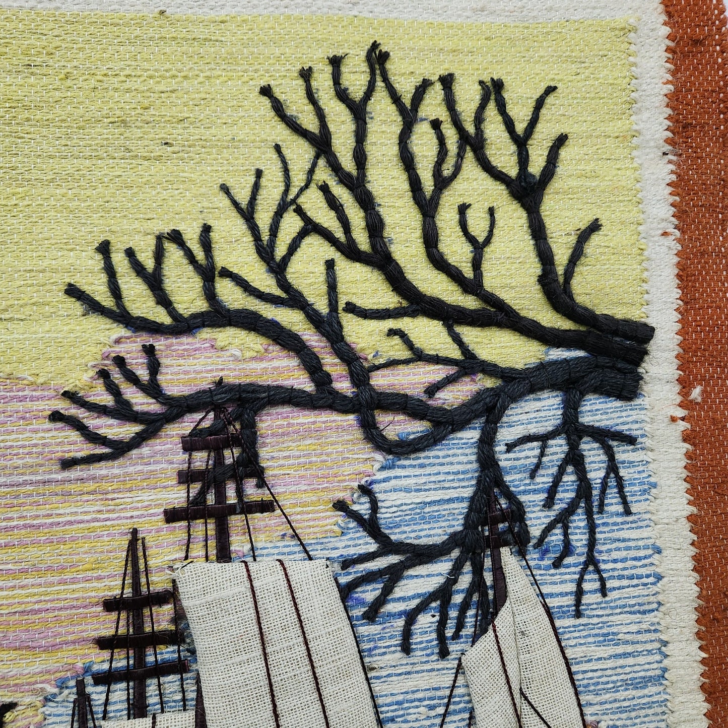 Jute & Wool Wall Hanging HandMade Indian Tapestry 3D Scenery Tree Boats & Nature