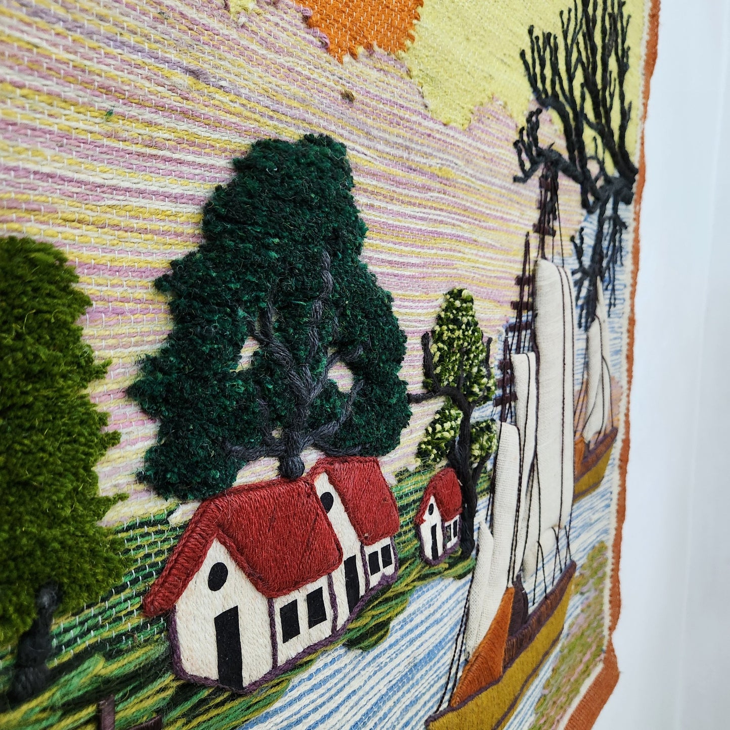 Jute & Wool Wall Hanging HandMade Indian Tapestry 3D Scenery Tree Boats & Nature