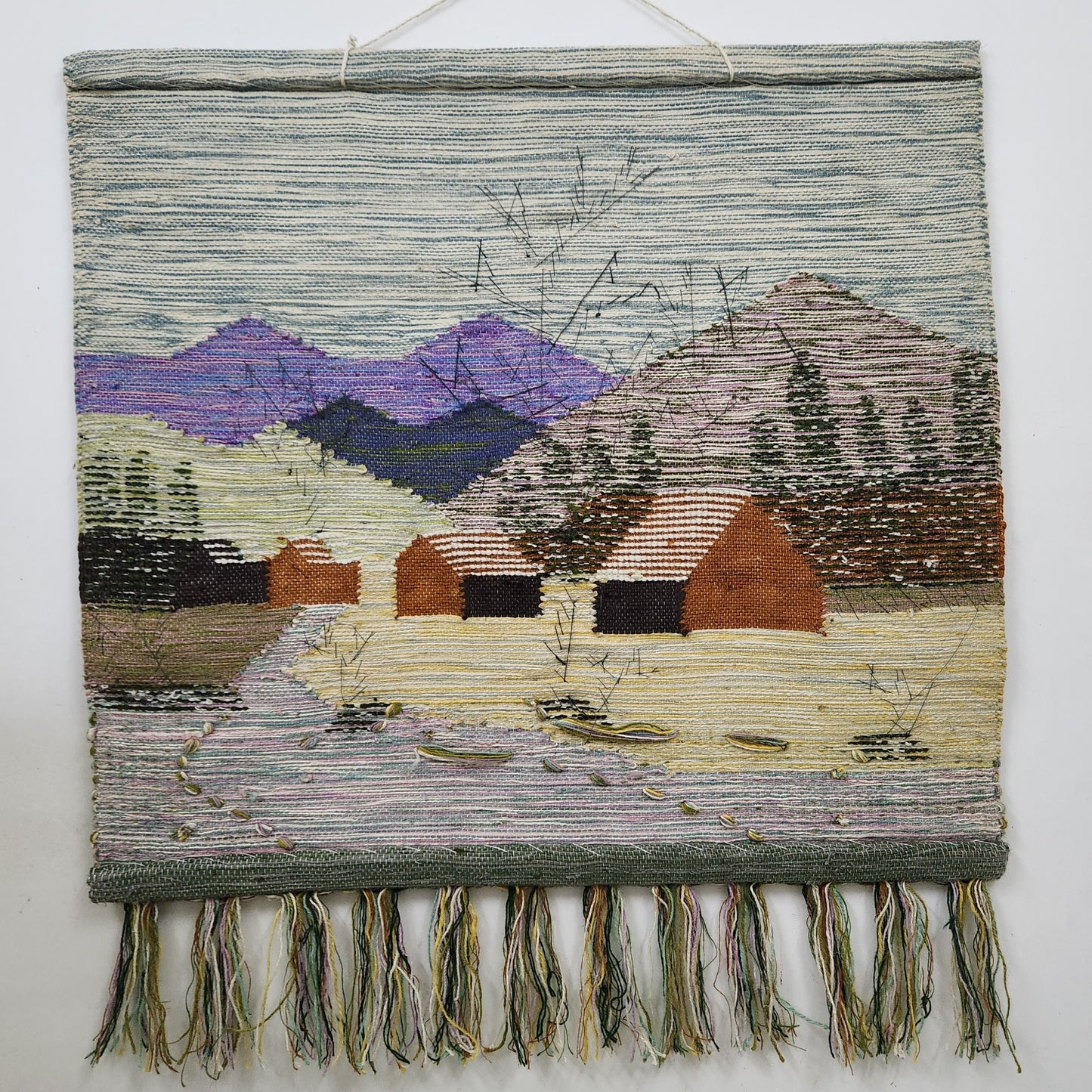 Jute & Wool Wall Hanging HandMade Indian Tapestry 3D Village Scenery Tree Nature