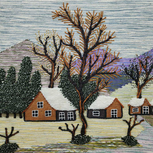 Jute & Wool Wall Hanging HandMade Indian Tapestry 3D Village Scenery Tree Nature