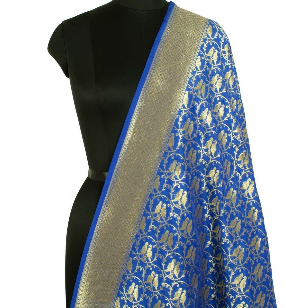 Blue Banarasi Dupatta Birds Woven Zari Brocade Indian Long Stole Wrap Shawl