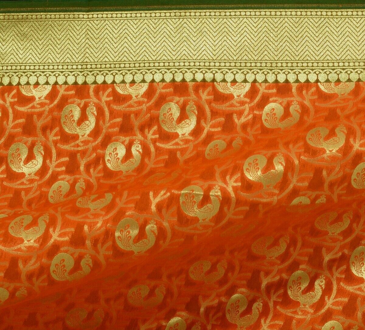 Orange Banarasi Dupatta Peacock Woven Zari Brocade Indian Long Stole Wrap