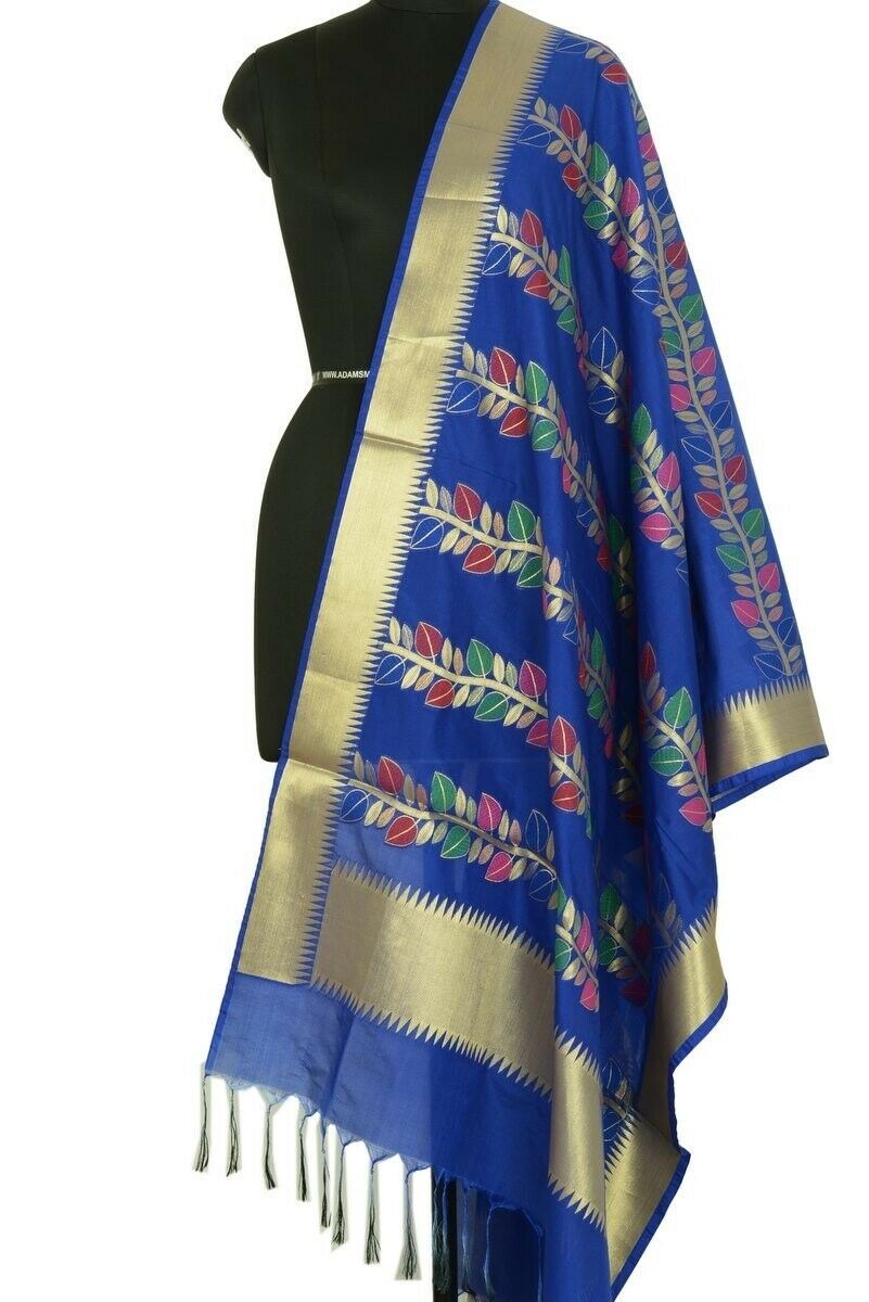 Blue Banarasi Dupatta Floral Woven Zari Brocade Indian Long Stole Wrap Shawl