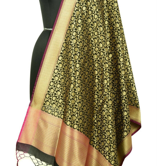 Banarasi Dupatta Woven Zari Brocade Indian Art Silk Long Stole Shawl Black