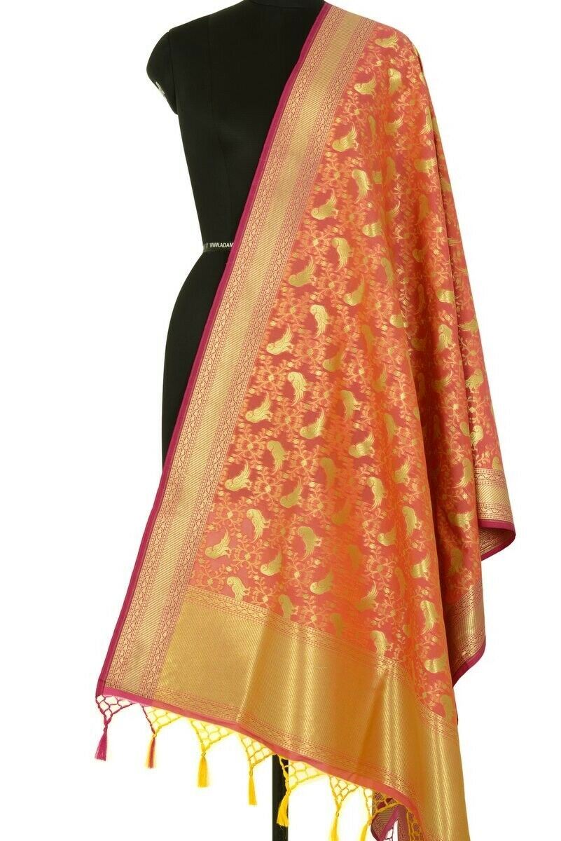 Peach Banarasi Dupatta Birds Woven Zari Brocade Indian Long Stole Wrap Scarves