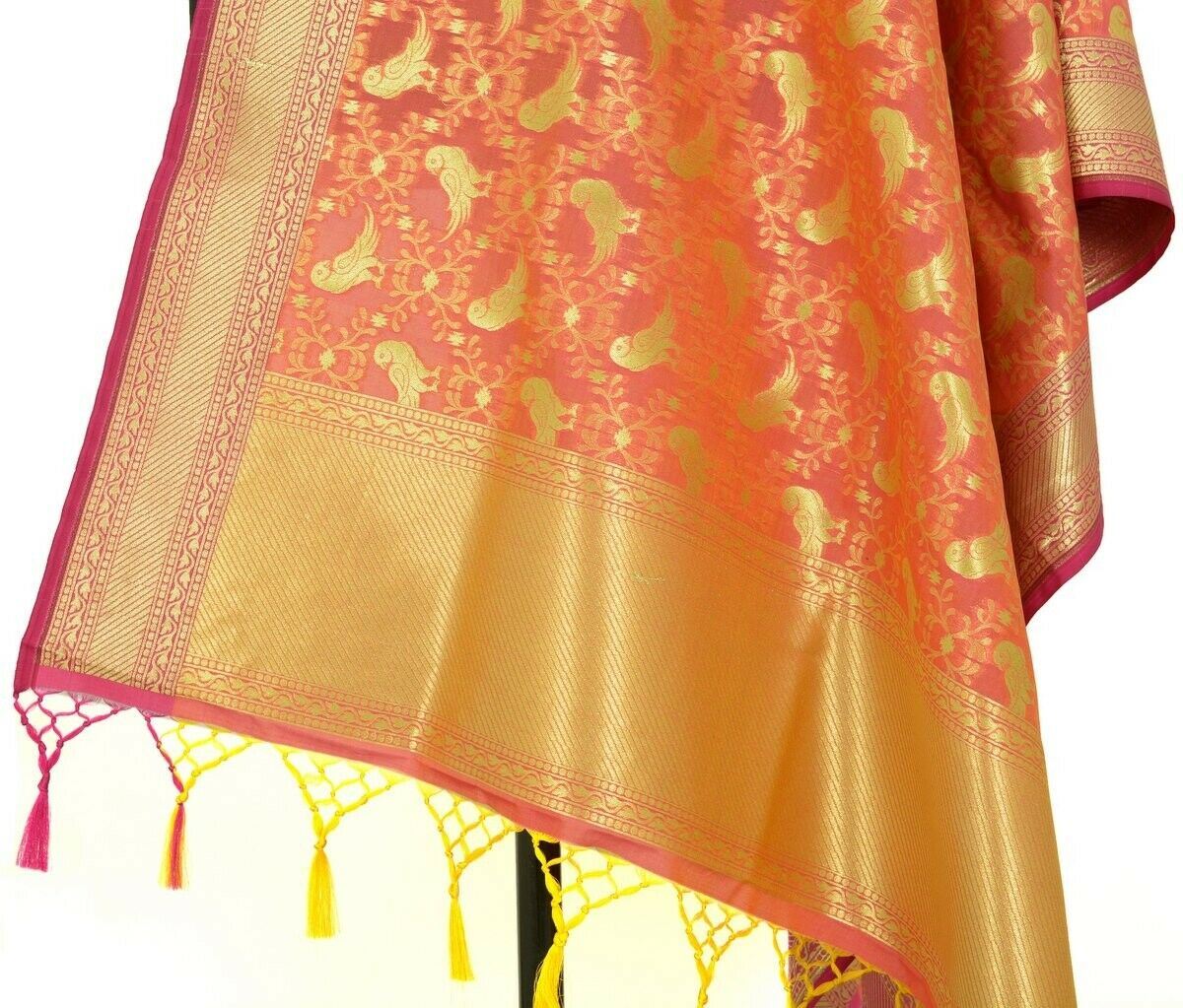 Peach Banarasi Dupatta Birds Woven Zari Brocade Indian Long Stole Wrap Scarves