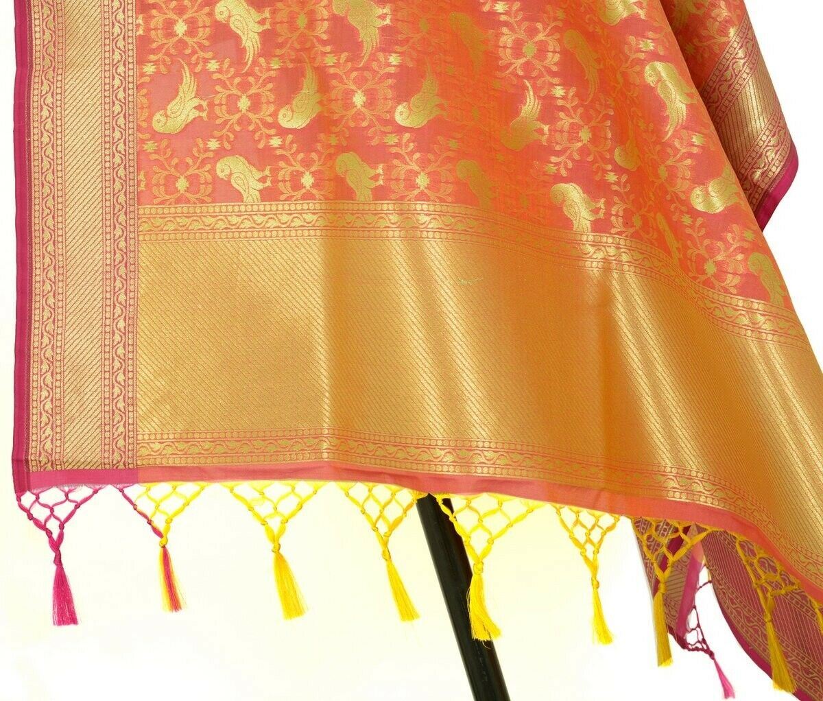 Peach Banarasi Dupatta Birds Woven Zari Brocade Indian Long Stole Wrap Scarves
