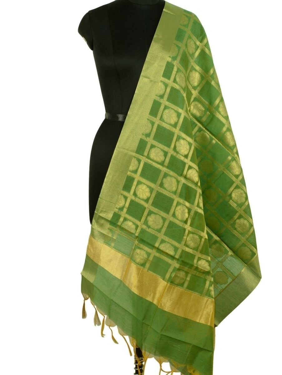 Green Banarasi Dupatta Floral Woven Zari Brocade Indian Long Stole Wrap Shawl