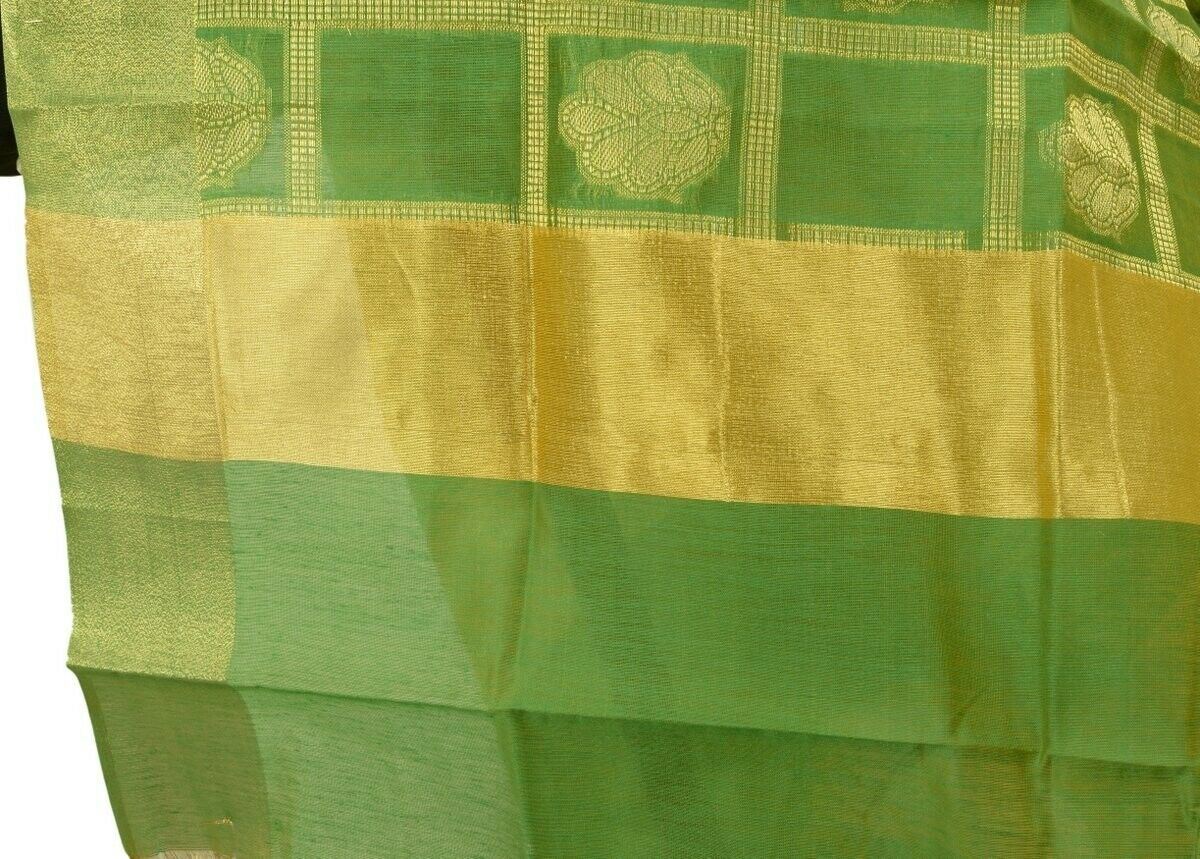 Green Banarasi Dupatta Floral Woven Zari Brocade Indian Long Stole Wrap Shawl