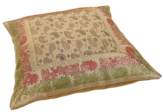 12x12 Inch Indian Woven Zari Brocade Banarasi Silk Paisley Floral Cushion Covers