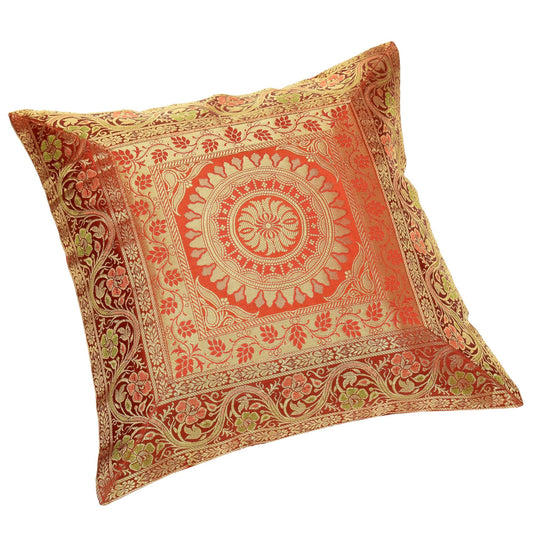 16x16 Inch Indian Woven Zari Brocade Banarasi Silk Mandala Cushion Covers Rust