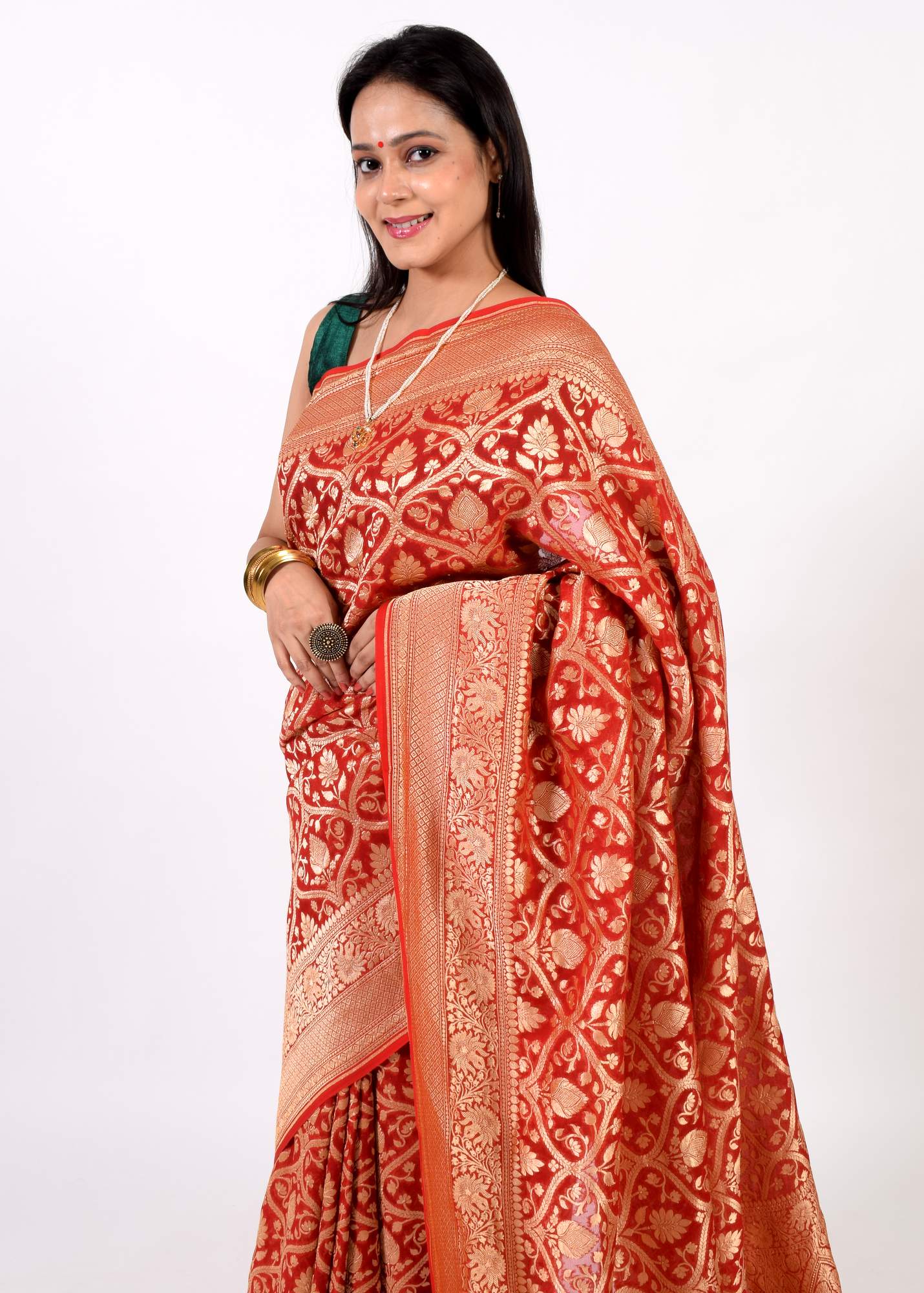 Dark Red Pure Khaddi Georgette Silk Banarasi Handloom Woven Zari Zaal Saree