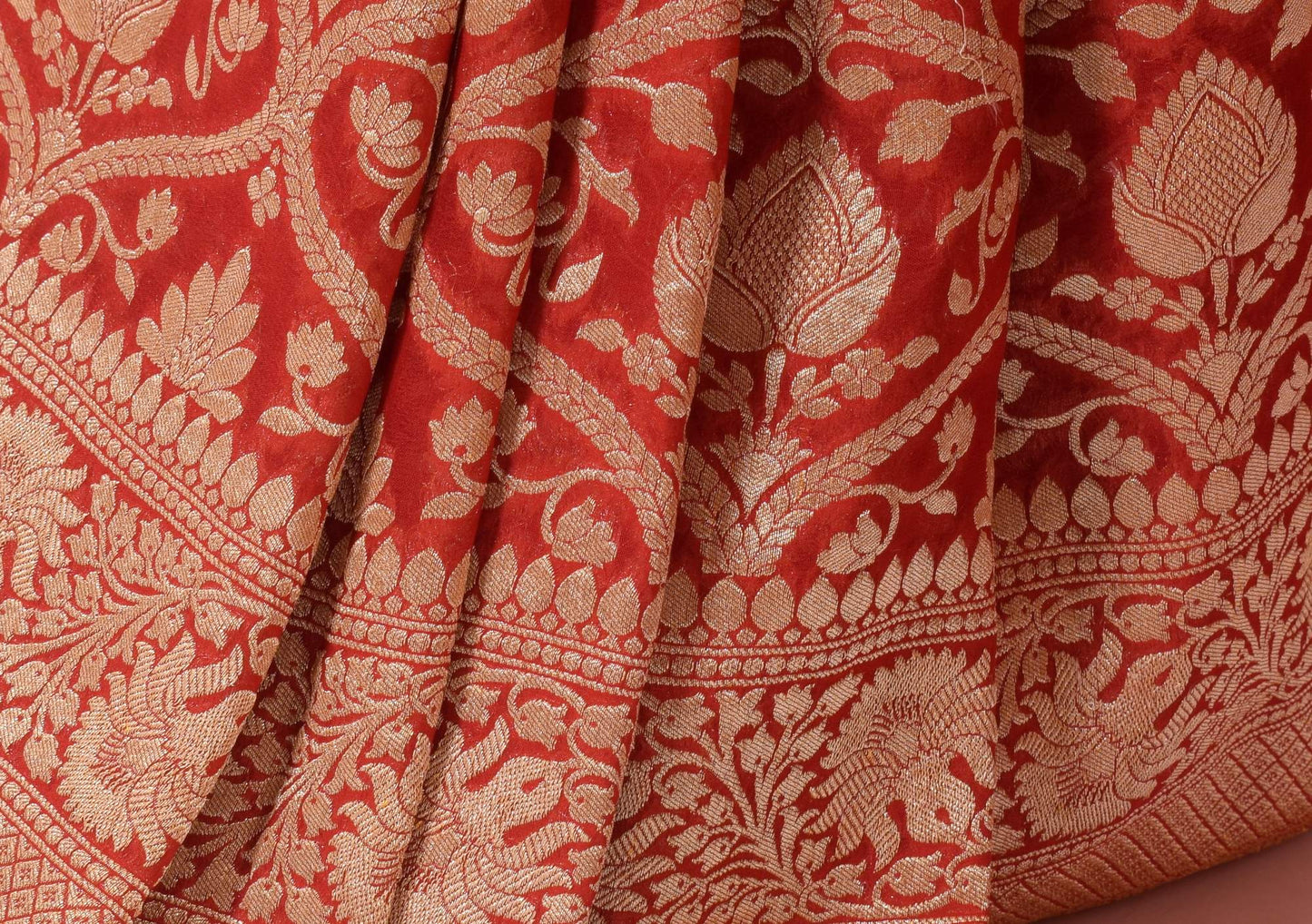Dark Red Pure Khaddi Georgette Silk Banarasi Handloom Woven Zari Zaal Saree