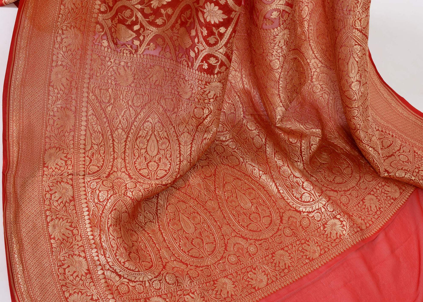 Dark Red Pure Khaddi Georgette Silk Banarasi Handloom Woven Zari Zaal Saree