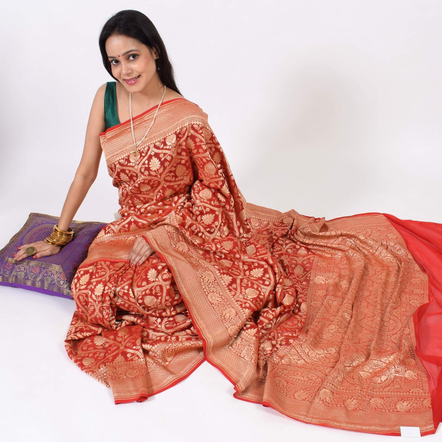 Dark Red Pure Khaddi Georgette Silk Banarasi Handloom Woven Zari Zaal Saree