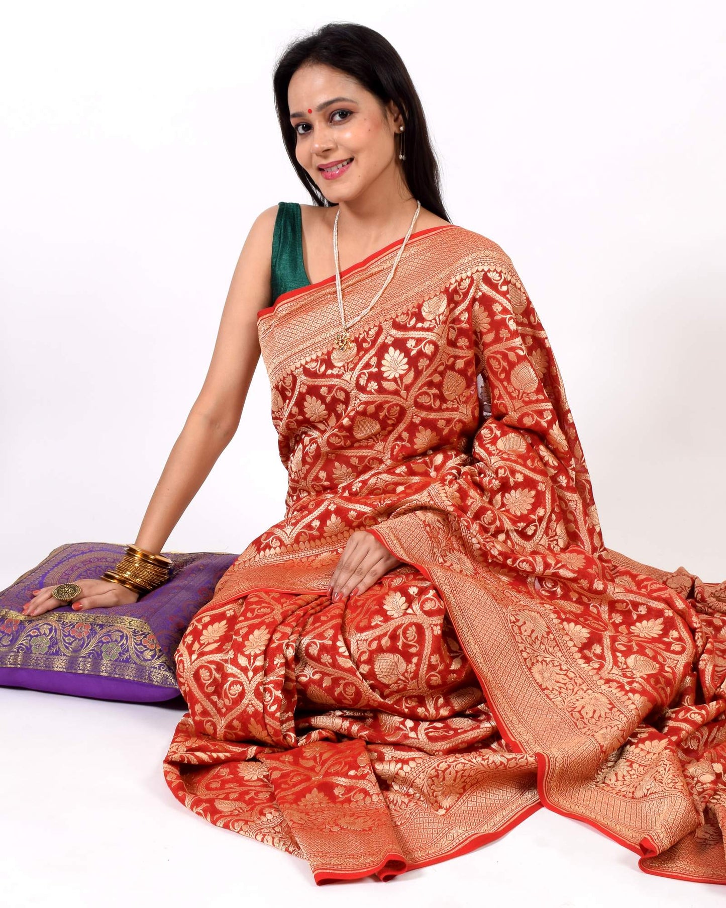 Dark Red Pure Khaddi Georgette Silk Banarasi Handloom Woven Zari Zaal Saree