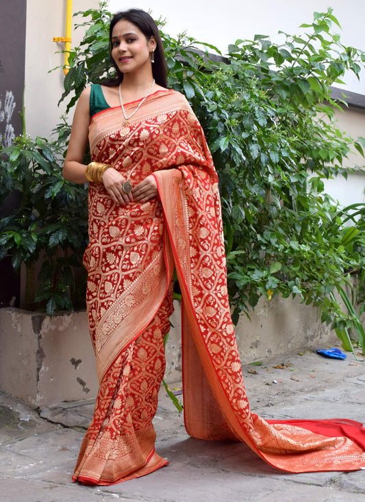 Dark Red Pure Khaddi Georgette Silk Banarasi Handloom Woven Zari Zaal Saree