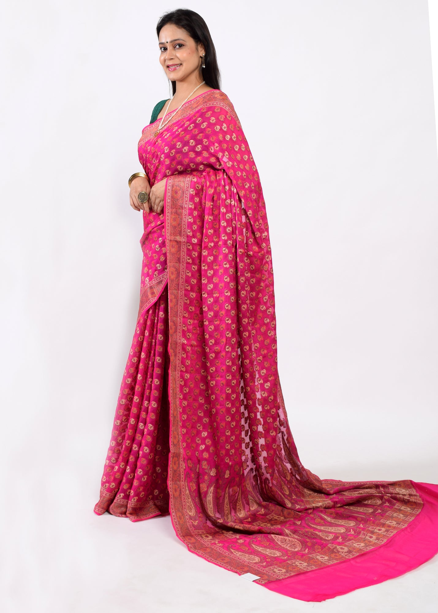 Magenta Pure Khaddi Chiffon Silk Banarasi Handloom Zari Woven Motifs Sari Fabric