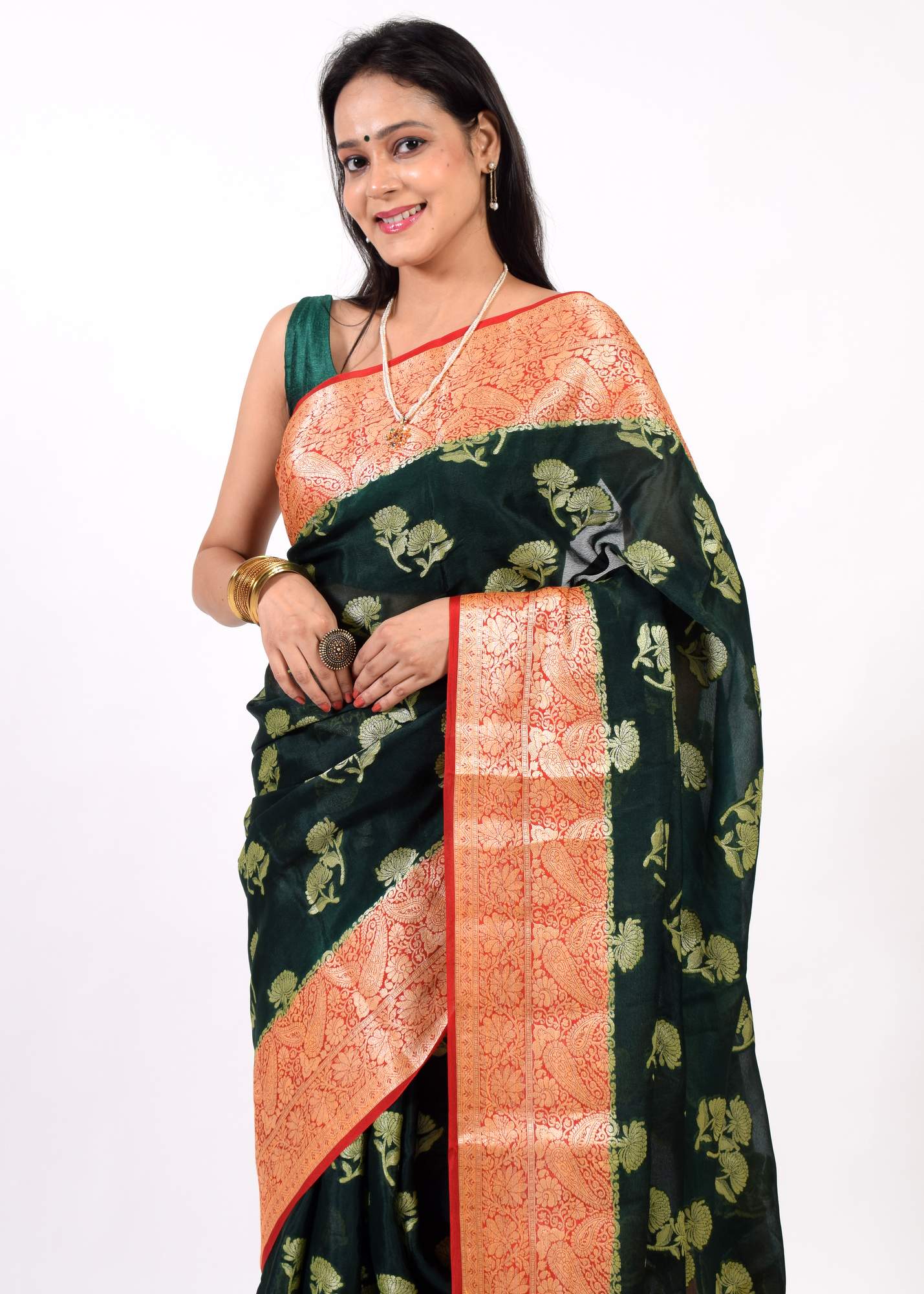 Dark Green Pure Khaddi Chiffon Silk Banarasi Handloom Premium Saree Fabric