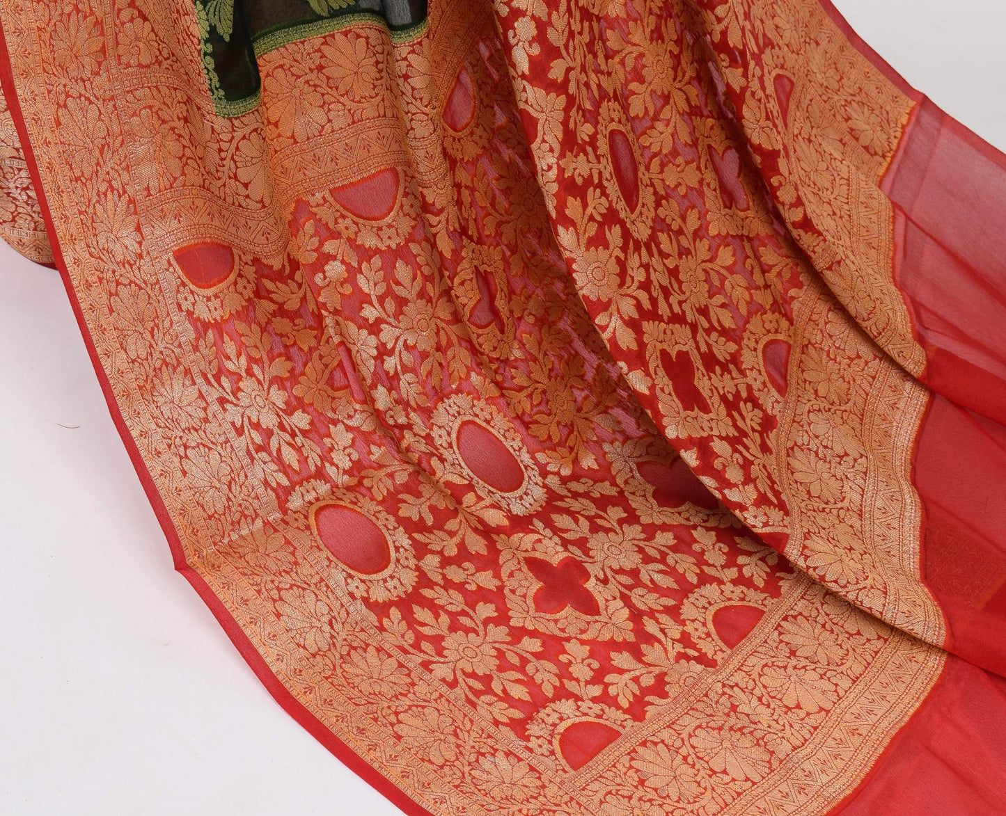 Dark Green Pure Khaddi Chiffon Silk Banarasi Handloom Premium Saree Fabric