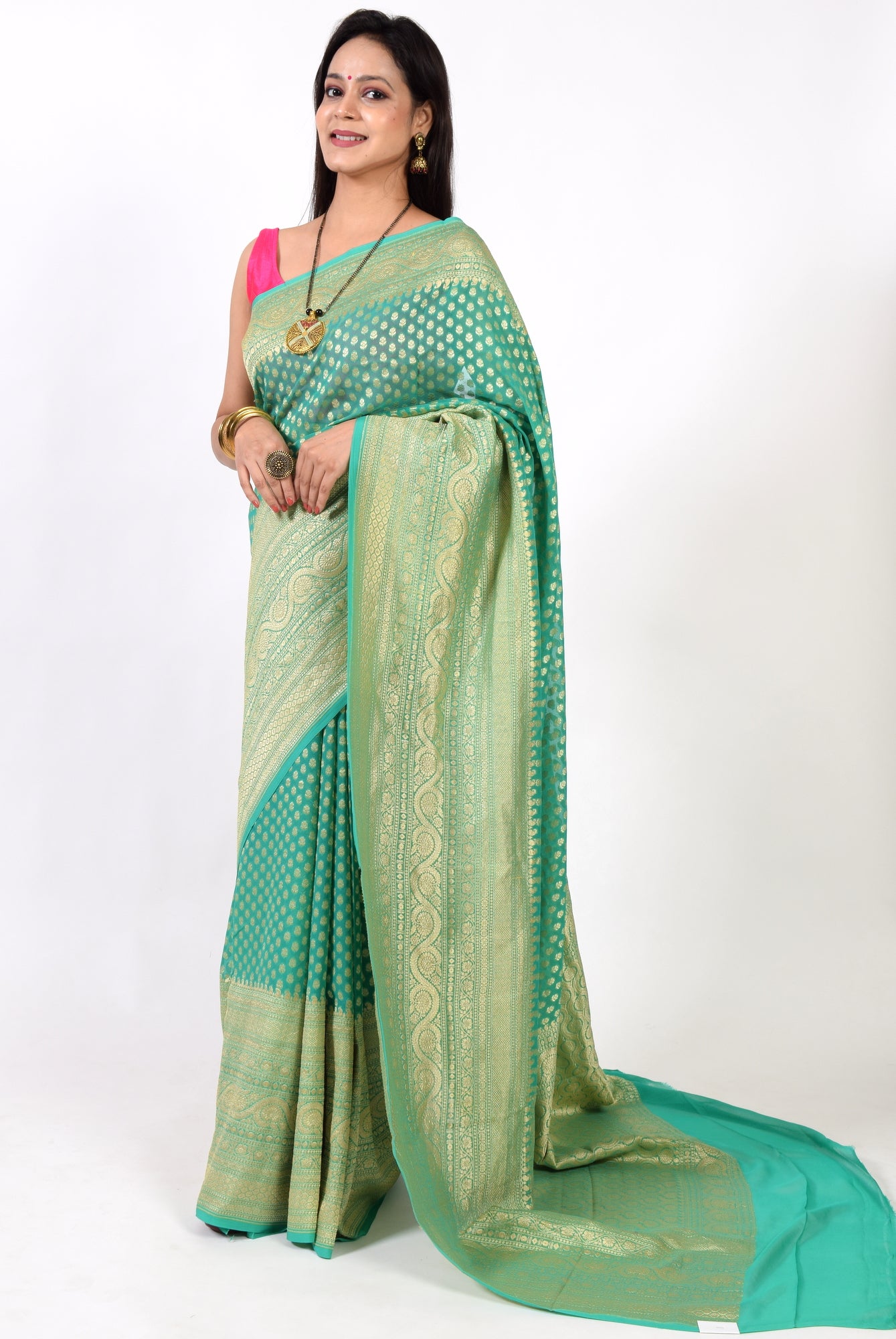 Aqua Green Pure Khaddi Georgette Silk Banarasi Handloom Skirt Border Saree Woven