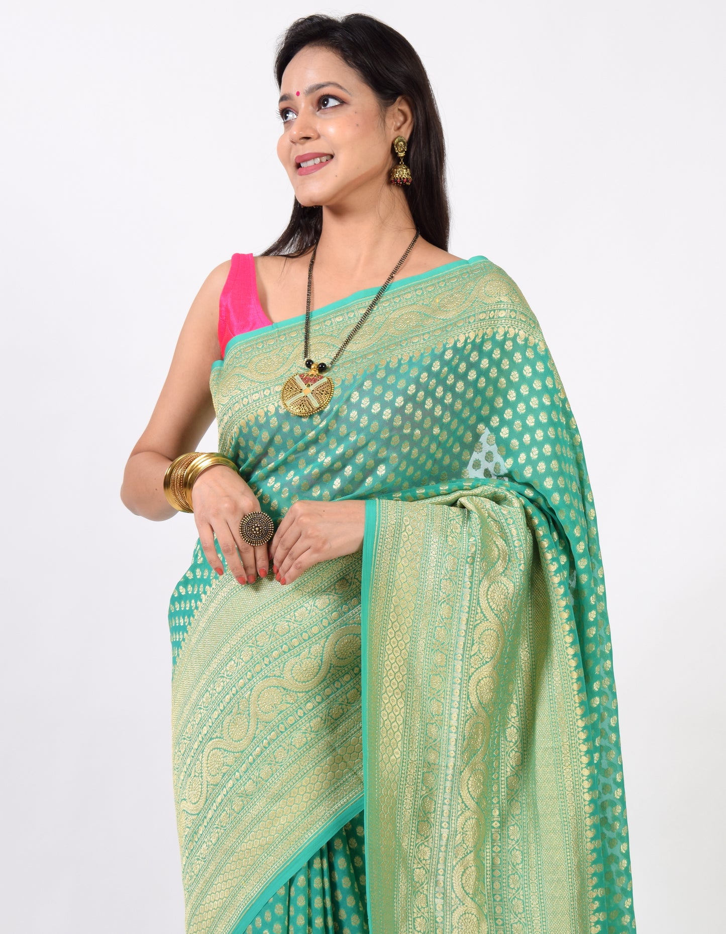 Aqua Green Pure Khaddi Georgette Silk Banarasi Handloom Skirt Border Saree Woven