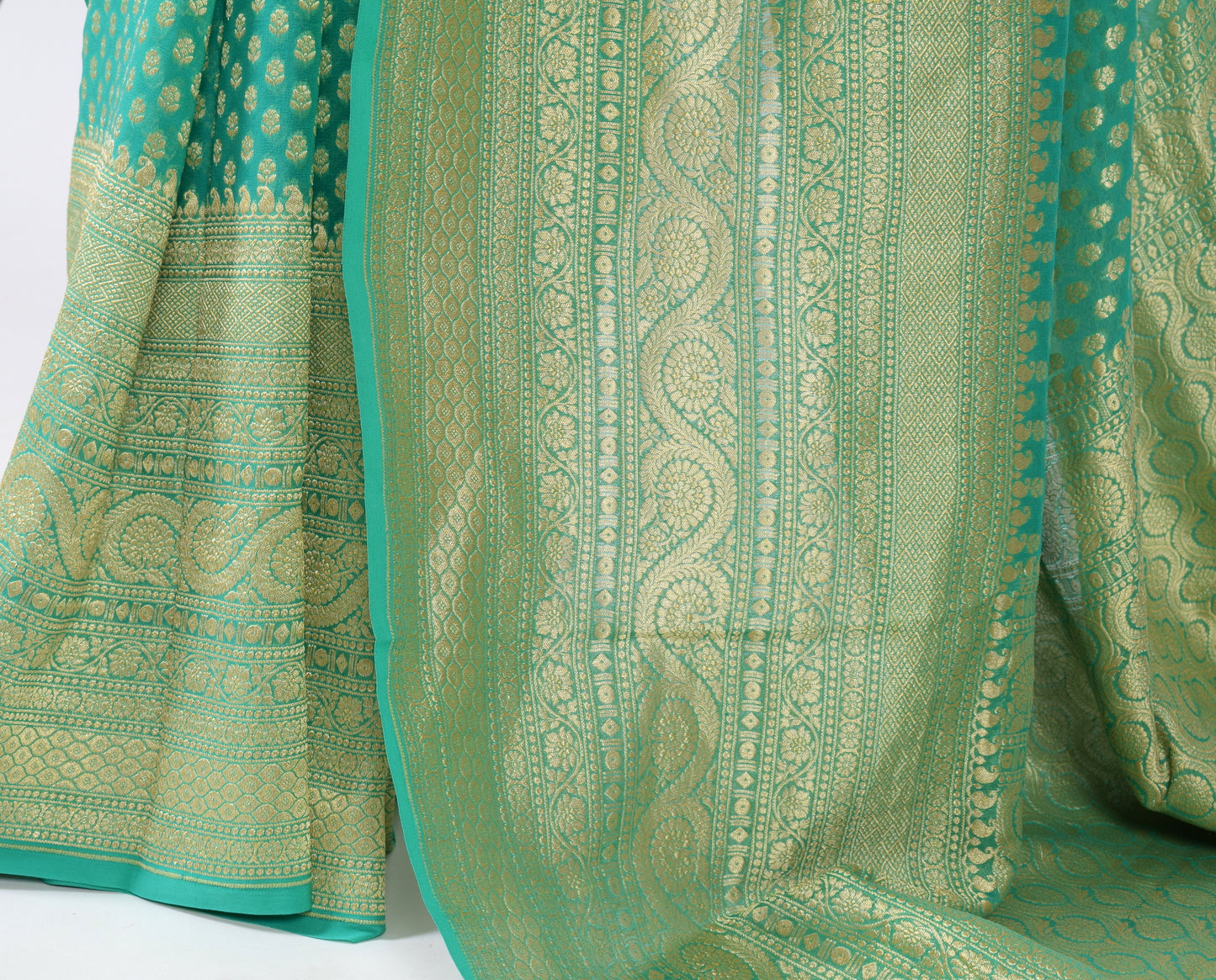 Aqua Green Pure Khaddi Georgette Silk Banarasi Handloom Skirt Border Saree Woven