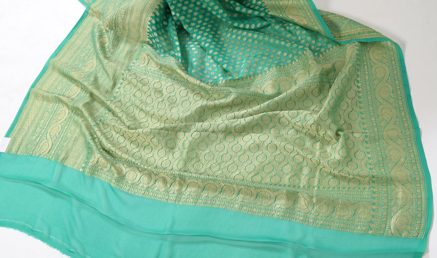 Aqua Green Pure Khaddi Georgette Silk Banarasi Handloom Skirt Border Saree Woven