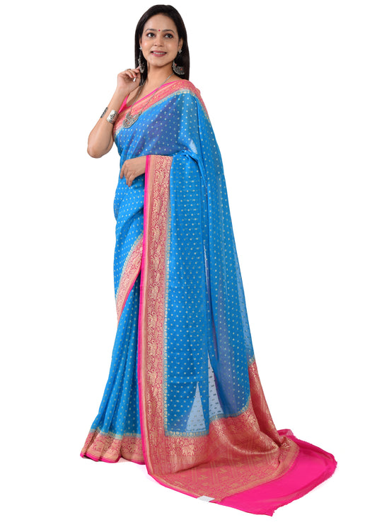 Turquoise Blue Pure Khaddi Georgette Silk Banarasi Handloom Woven Saree Fabric
