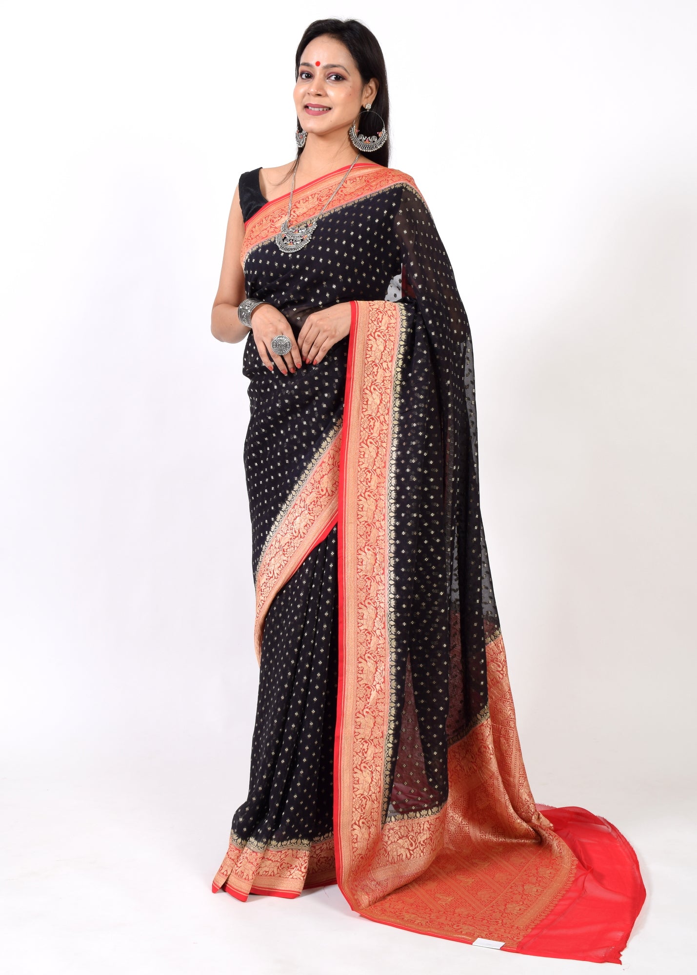 Blackish Blue Pure Khaddi Georgette Silk Banarasi Handloom Zari Woven Saree