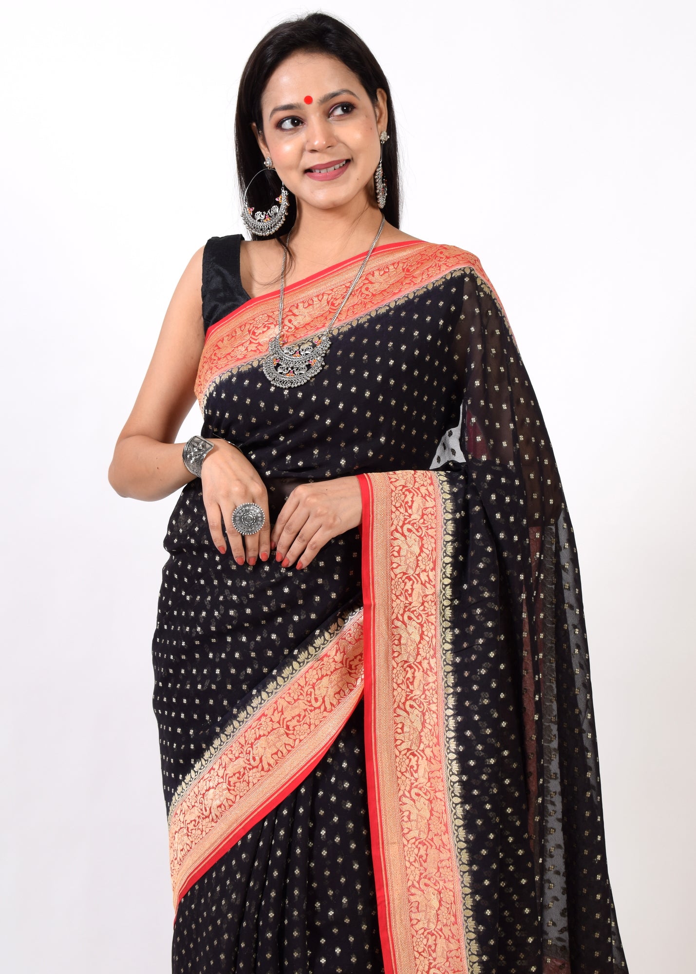 Blackish Blue Pure Khaddi Georgette Silk Banarasi Handloom Zari Woven Saree