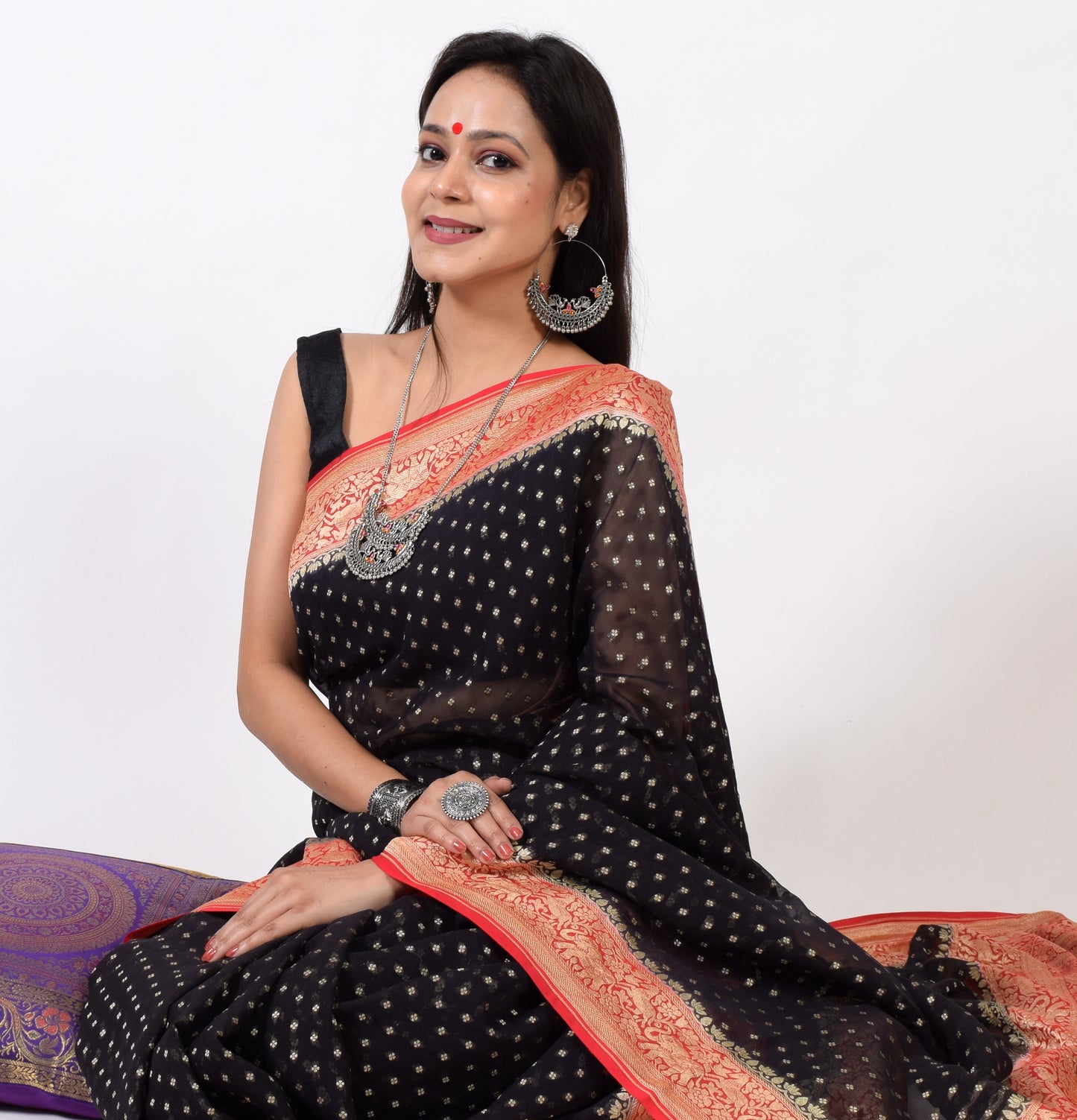 Blackish Blue Pure Khaddi Georgette Silk Banarasi Handloom Zari Woven Saree