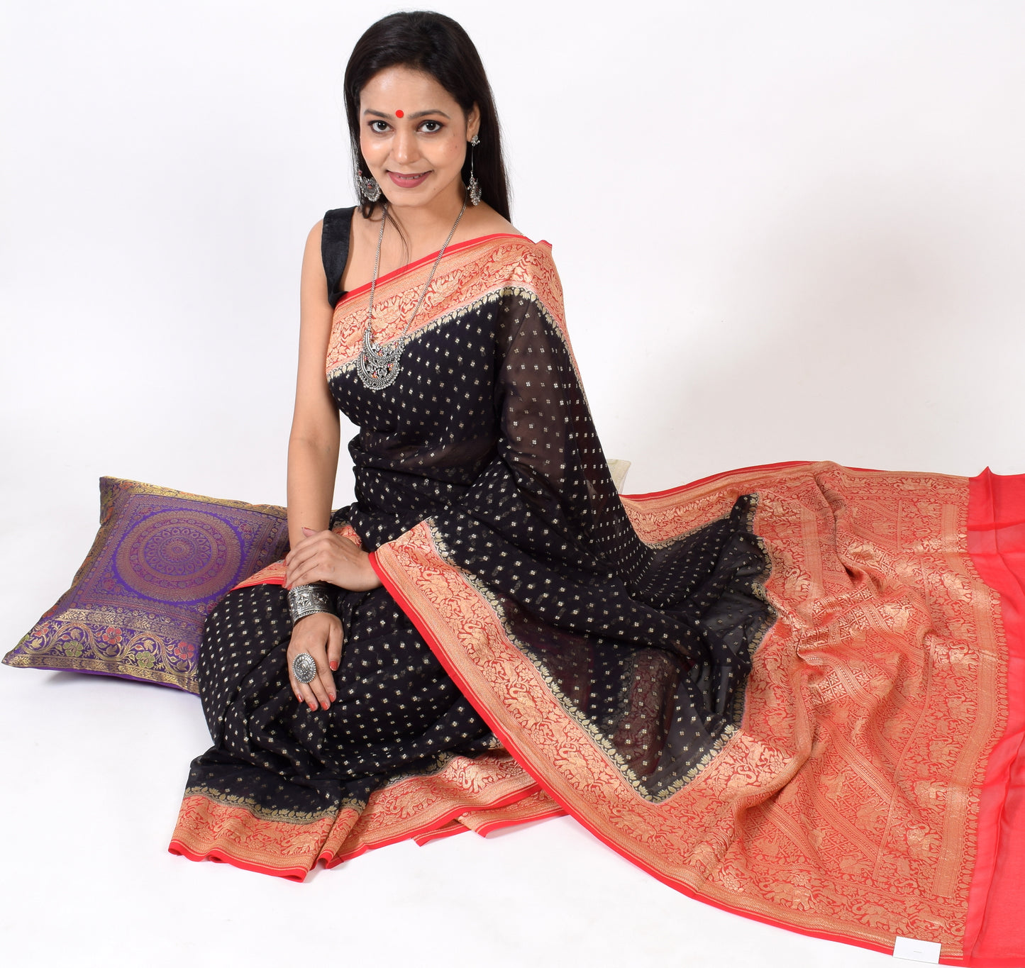 Blackish Blue Pure Khaddi Georgette Silk Banarasi Handloom Zari Woven Saree
