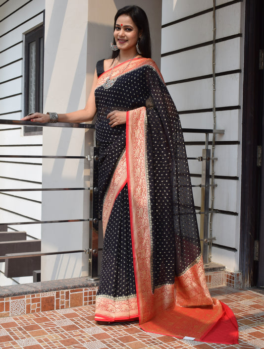 Blackish Blue Pure Khaddi Georgette Silk Banarasi Handloom Zari Woven Saree