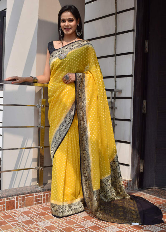 Greenish Yellow &Black Pure Khaddi Georgette Silk Banarasi Handloom Saree Fabric