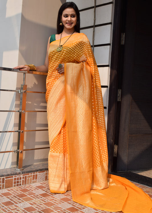 Orangish Pure Khaddi Georgette Silk Banarasi Handloom Skirt Border Saree Woven