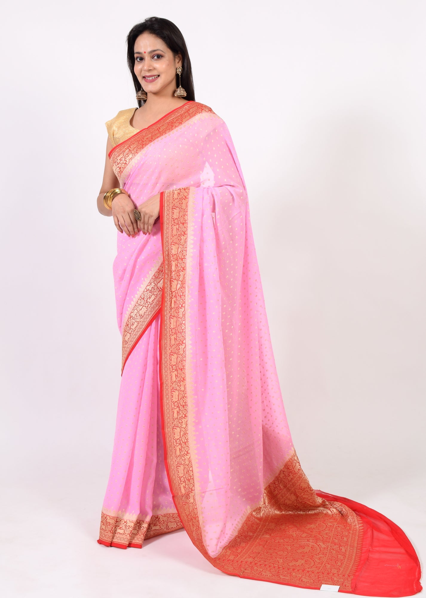 Pink Pure Khaddi Georgette Silk Banarasi Handloom Animal Border Woven Saree