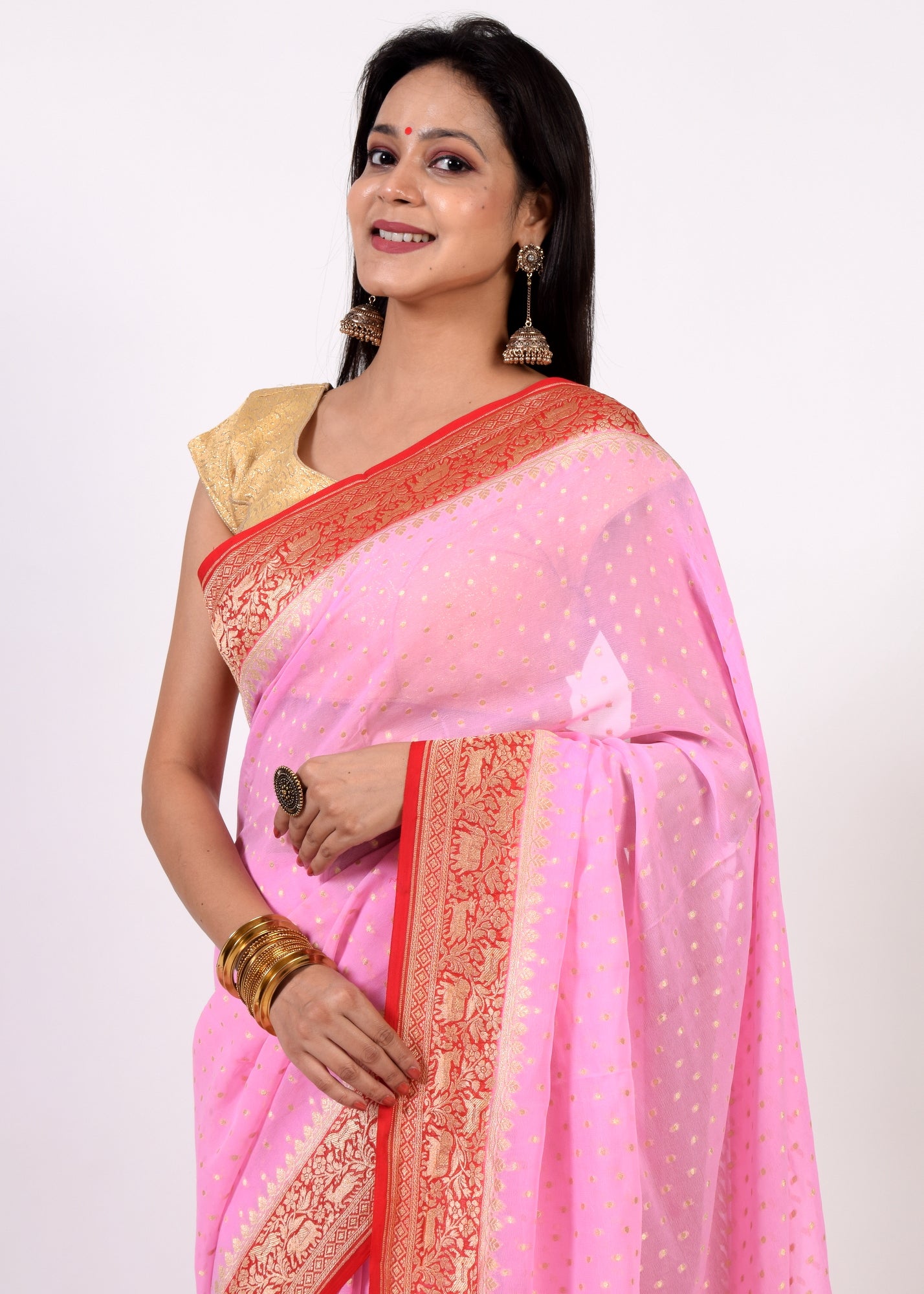 Pink Pure Khaddi Georgette Silk Banarasi Handloom Animal Border Woven Saree
