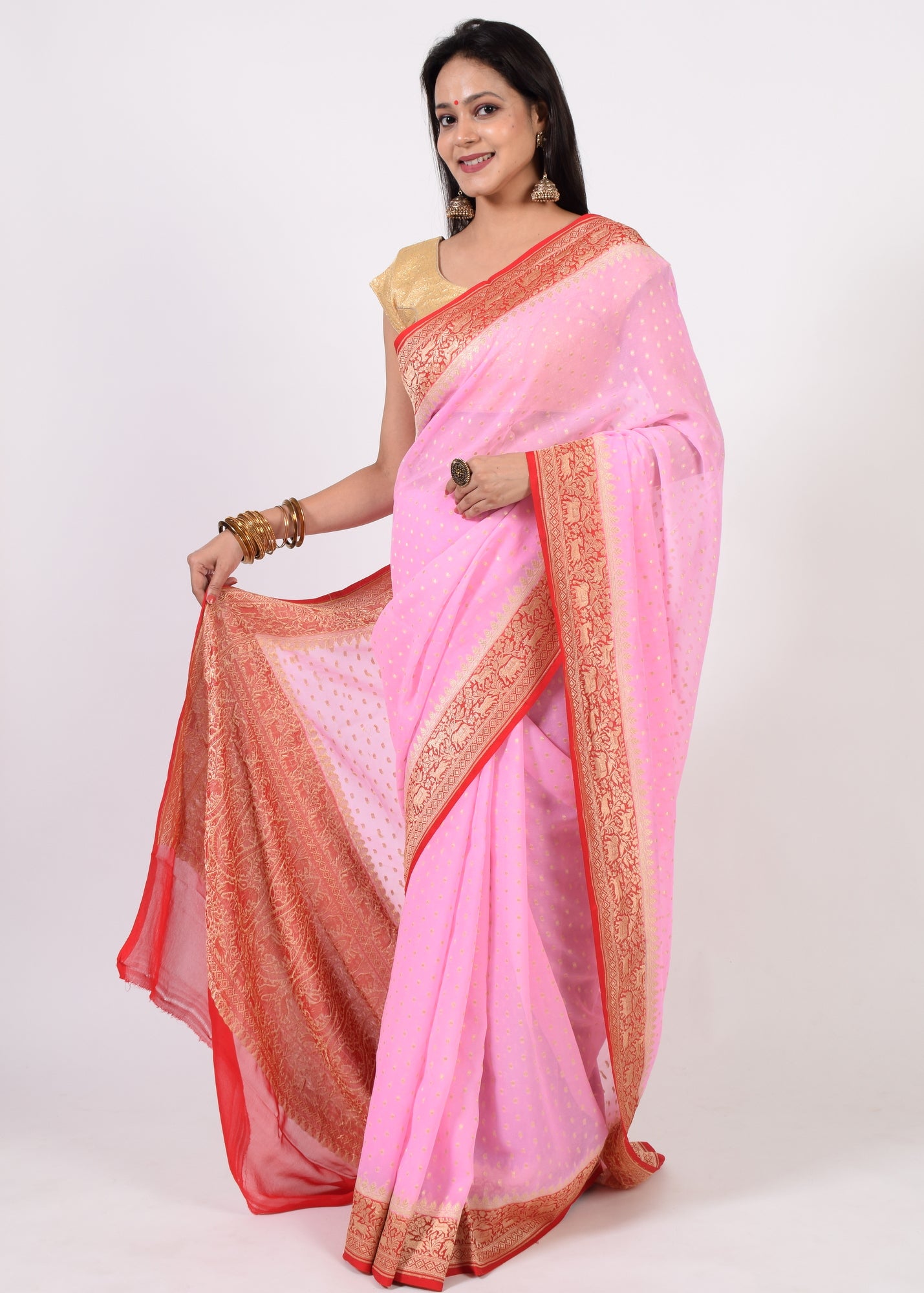 Pink Pure Khaddi Georgette Silk Banarasi Handloom Animal Border Woven Saree