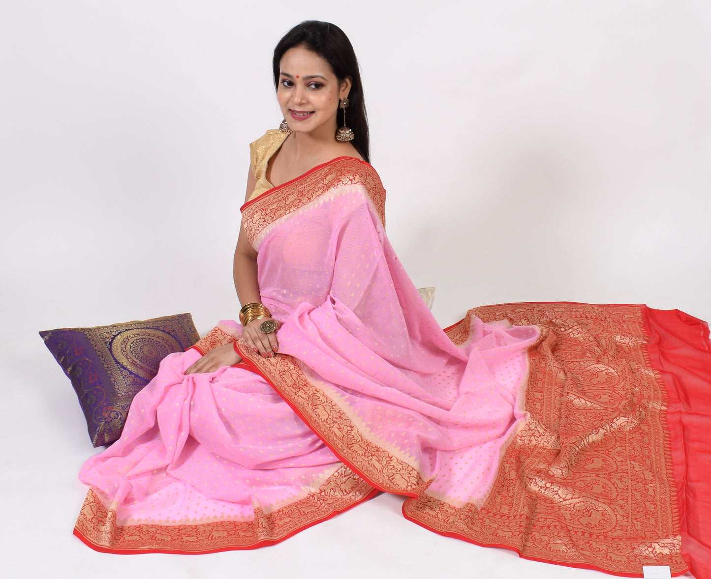 Pink Pure Khaddi Georgette Silk Banarasi Handloom Animal Border Woven Saree