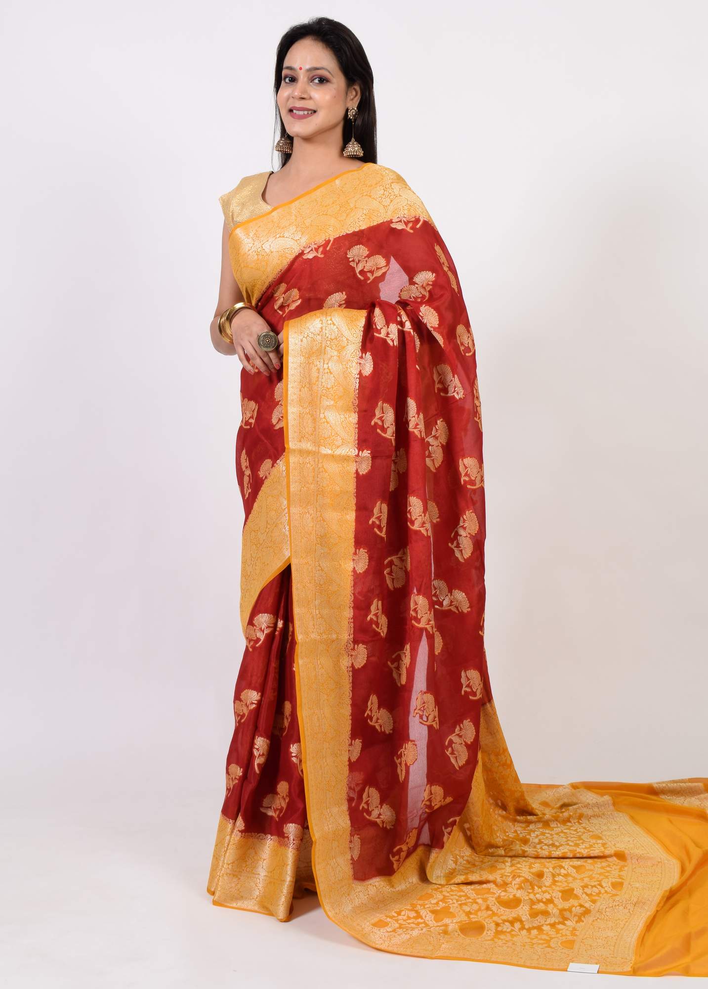 Maroon & Mustard Pure Khaddi Chiffon Silk Banarasi Handloom Premium Saree Fabric