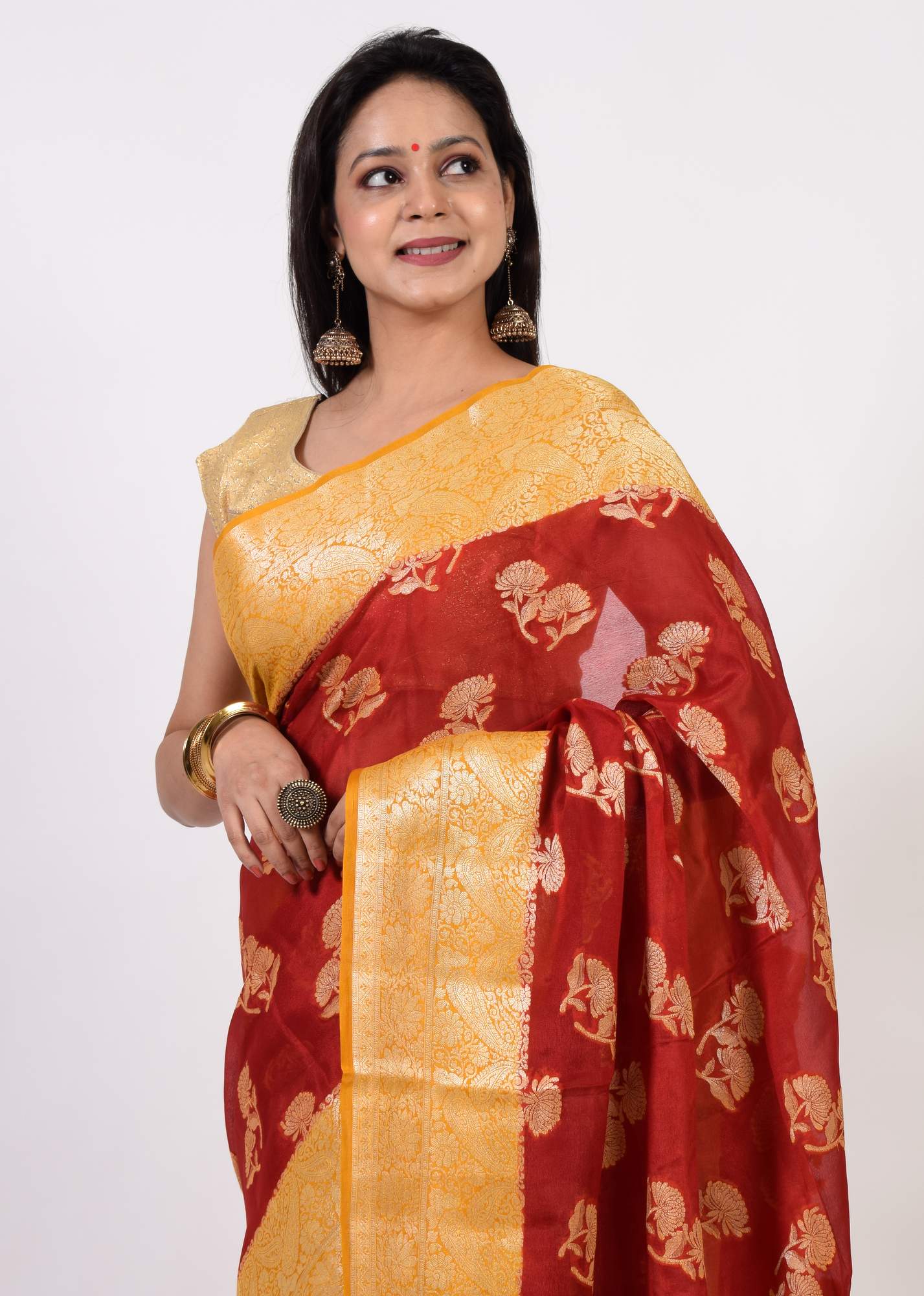 Maroon & Mustard Pure Khaddi Chiffon Silk Banarasi Handloom Premium Saree Fabric
