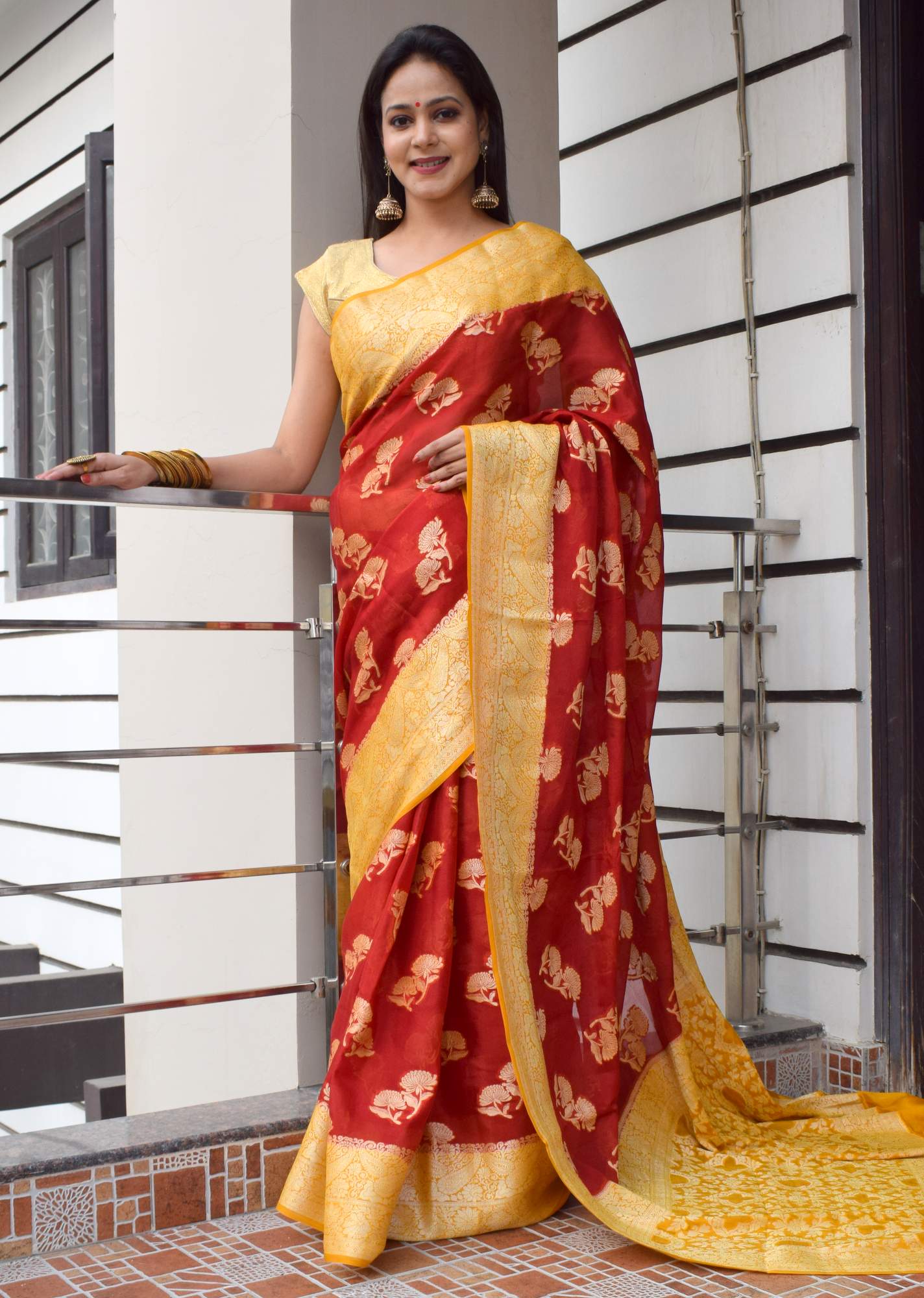 Maroon & Mustard Pure Khaddi Chiffon Silk Banarasi Handloom Premium Saree Fabric