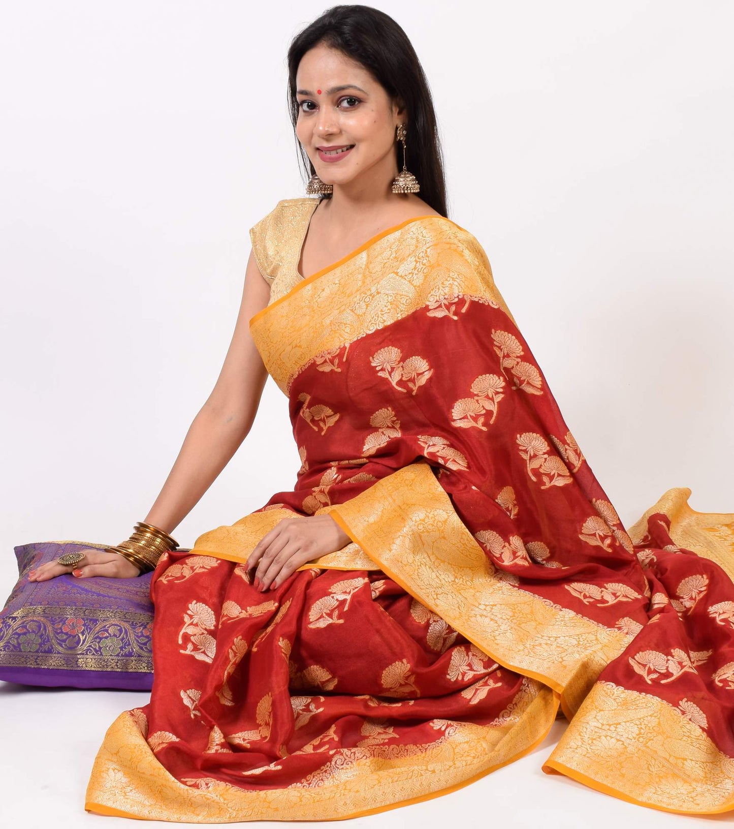 Maroon & Mustard Pure Khaddi Chiffon Silk Banarasi Handloom Premium Saree Fabric