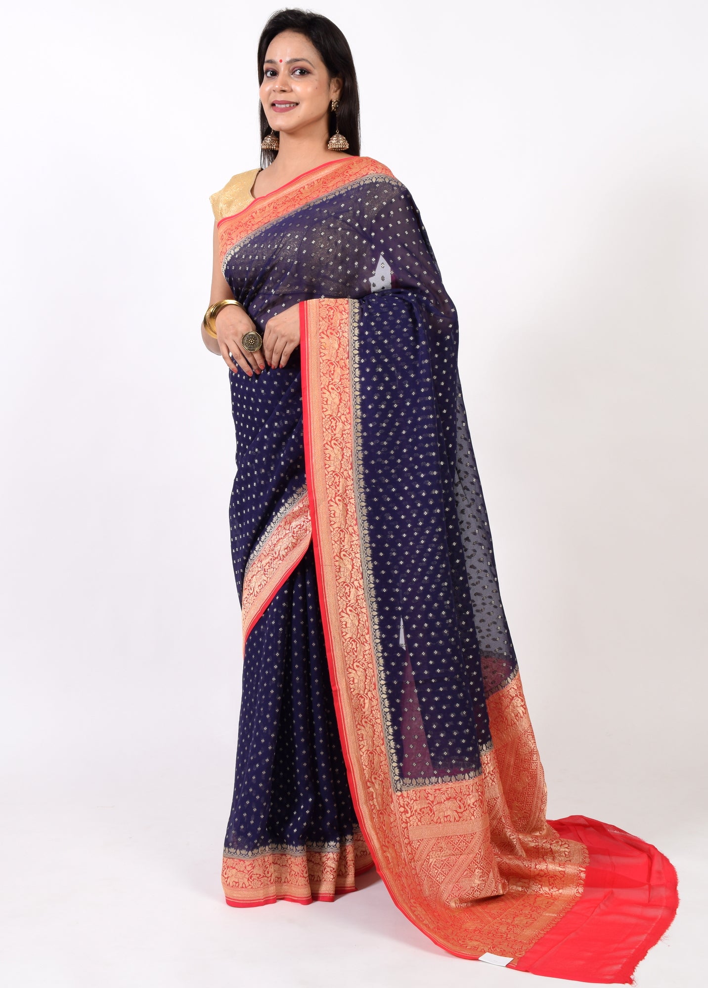 Blackish Blue Pure Khaddi Georgette Silk Banarasi Handloom Zari Woven Saree