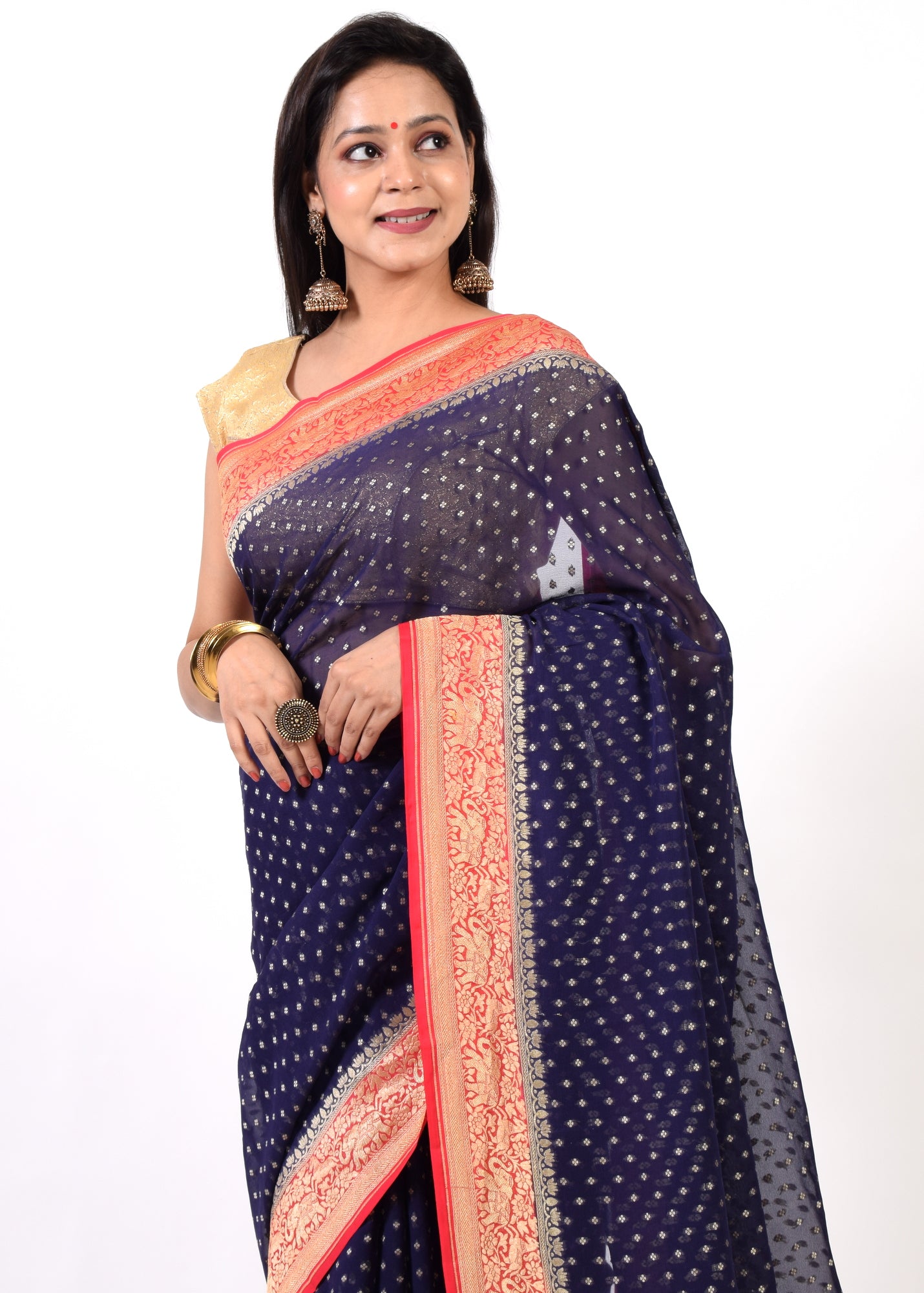 Blackish Blue Pure Khaddi Georgette Silk Banarasi Handloom Zari Woven Saree